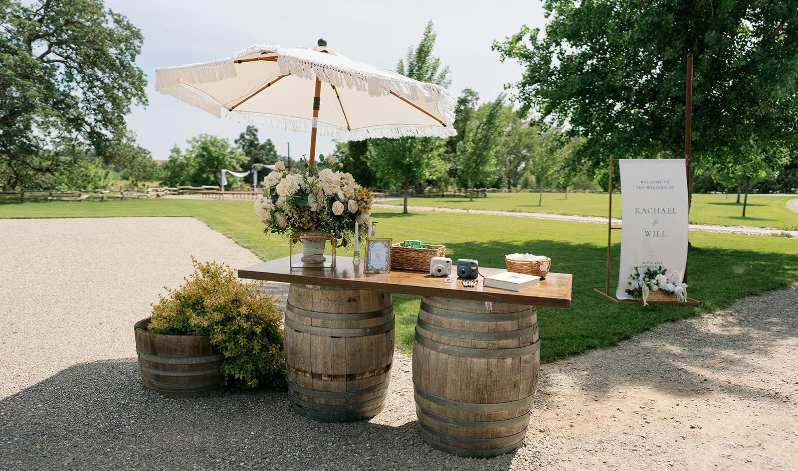 Welcome table built on wine barrels at the entrance